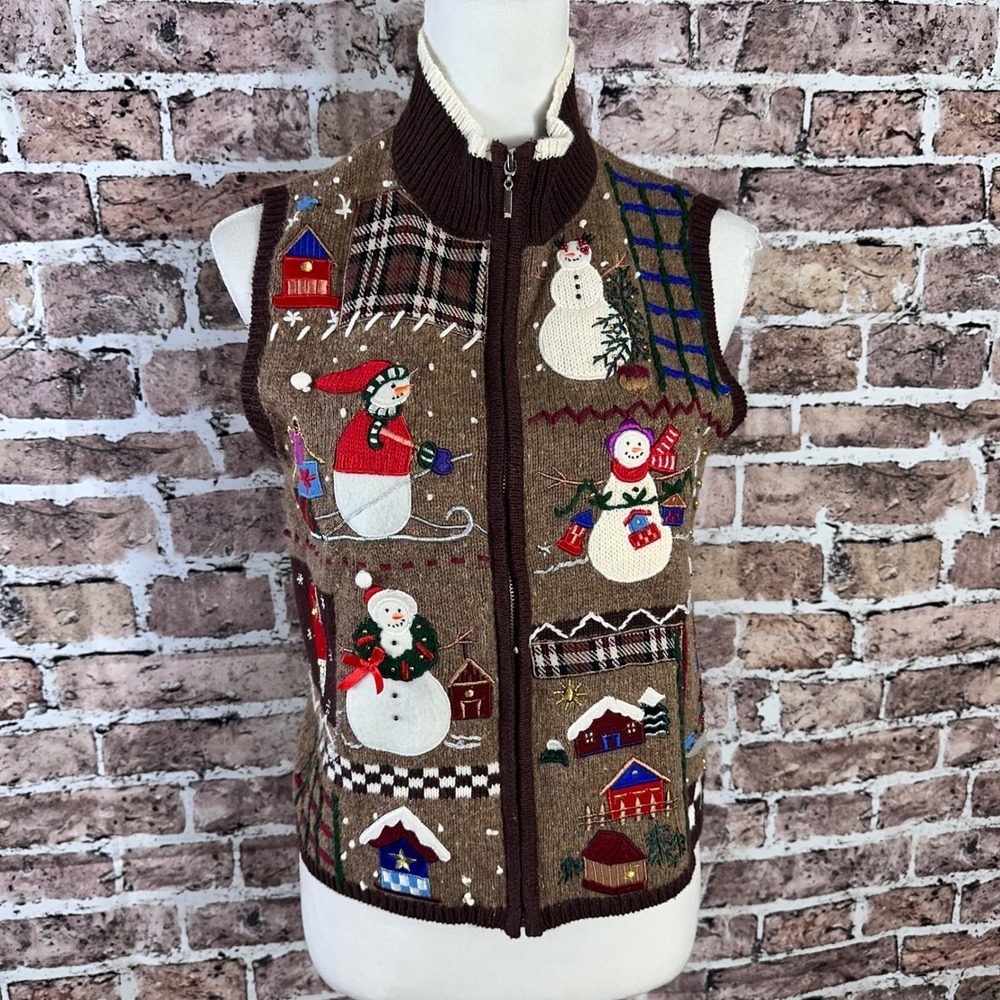 Planet Company Womens P/S Brown Snowman Winter Holiday Full Zip Vest